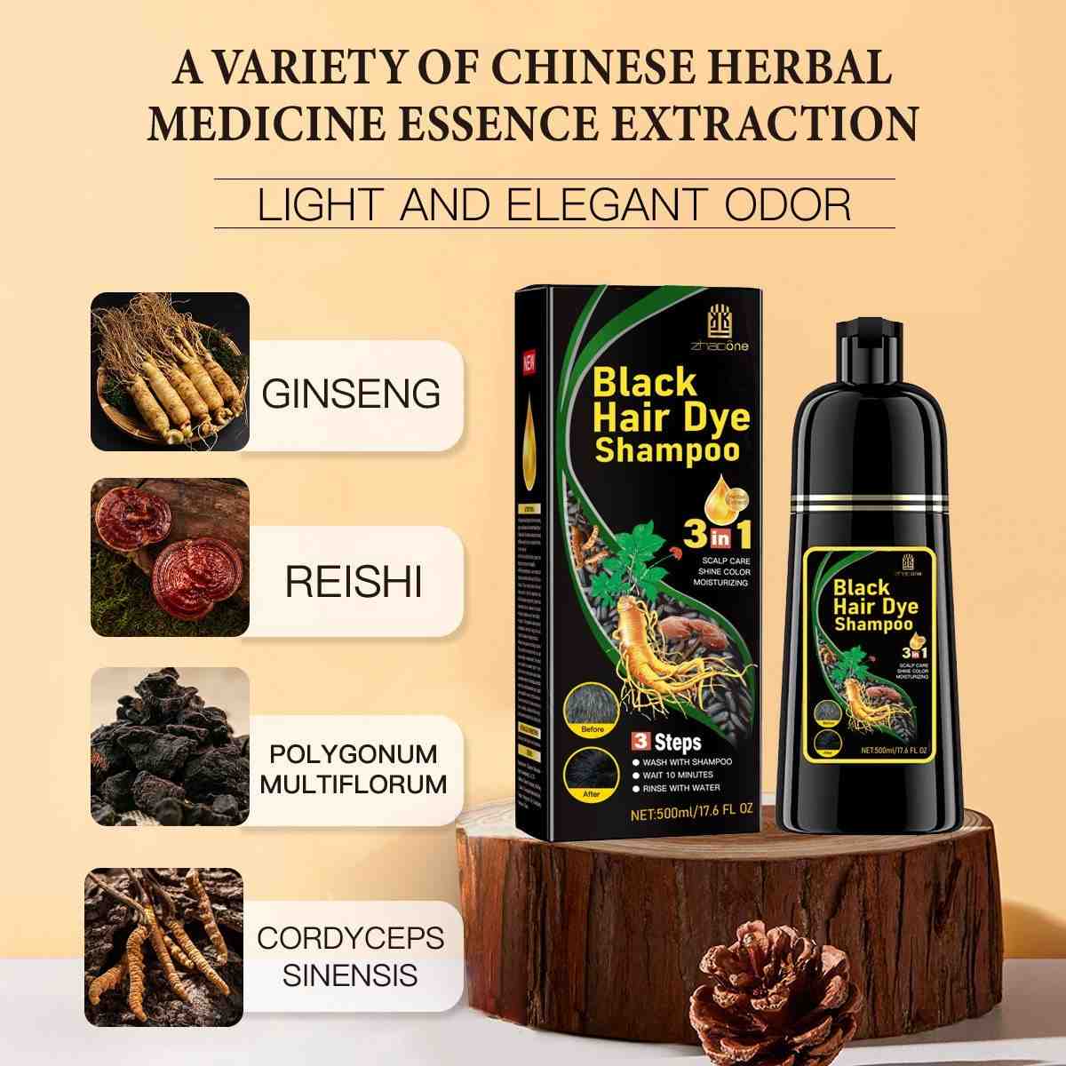 3-in-1 Black Hair Color Shampoo – Fast Herbal Hair Dye 500ml