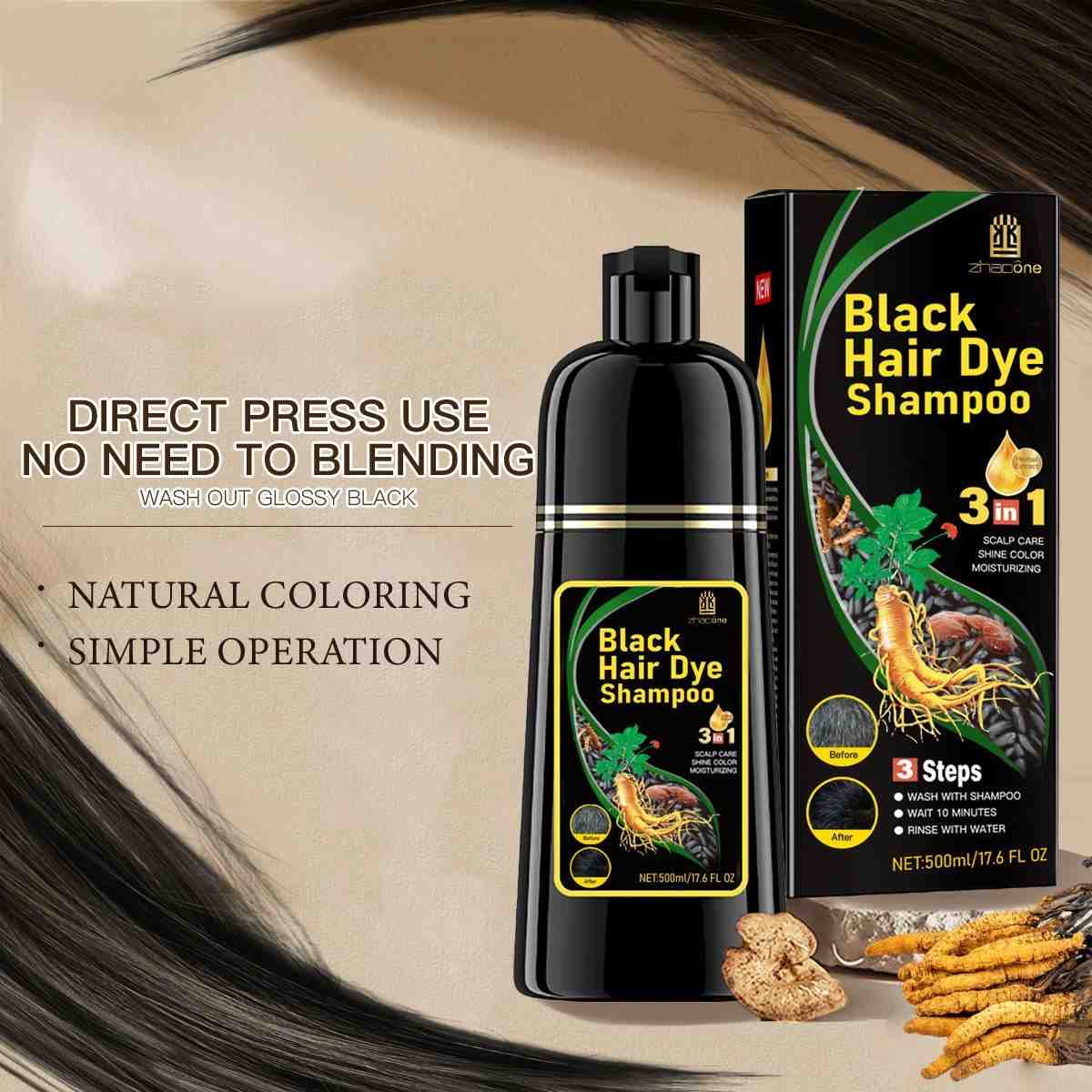 3-in-1 Black Hair Color Shampoo – Fast Herbal Hair Dye 500ml